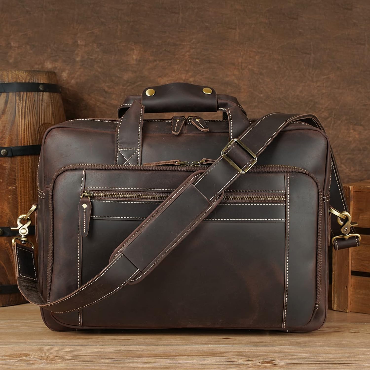 Polare 17' Full Grain Leather Laptop Briefcase Business Travel Laptop Carrying Case Shoulder Bag For Men Fits 17.3' Laptop