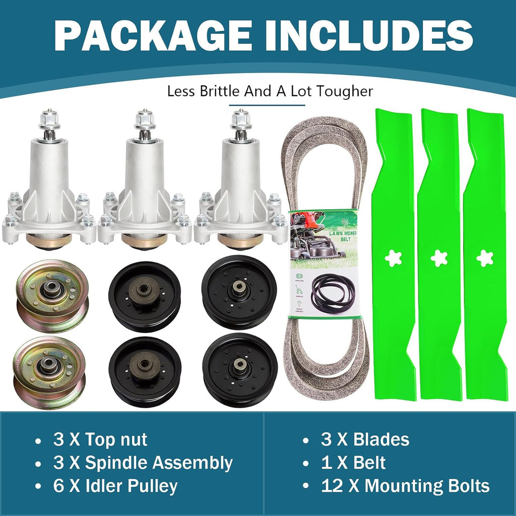 48'' Deck Rebuild Kit Fits Hus qvarna 2748GLS 2448T YTH2348 3 Spindle (532187292) 3 Blade (21547939) 2 Idler (177968) 2 Idler (196104) 2 Idler (196106)