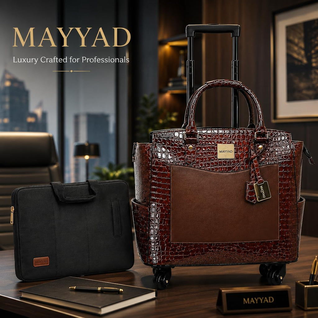 Rolling Laptop Bag for Women with Wheels & Handle Luxury Pure Leather Embossed Work Bag with Laptop Sleeve Travel Briefcase