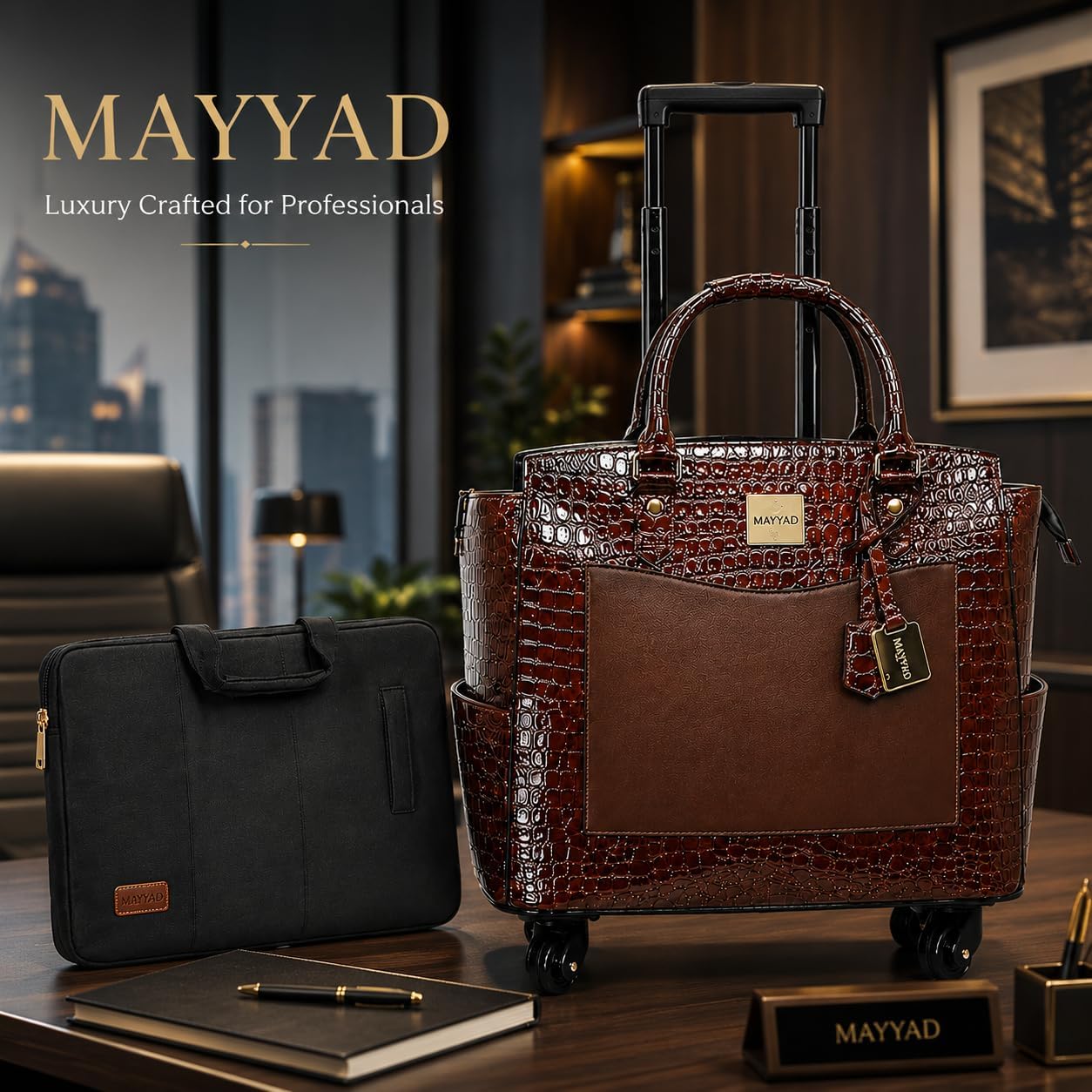 Rolling Laptop Bag for Women with Wheels & Handle Luxury Pure Leather Embossed Work Bag with Laptop Sleeve Travel Briefcase