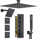 Matte Black Thermostatic Shower System with Body Jets, Ceiling 16' Rainfall Shower & Wall Mount 6-Inch Shower Head Luxury Shower Faucet Set with Handheld Spray, Dual Shower Heads Set