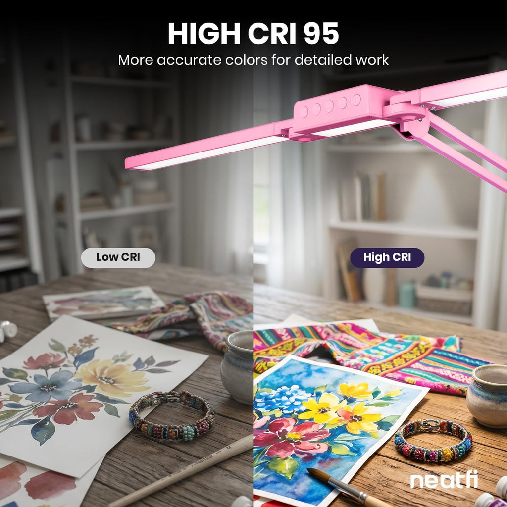 Neatfi LED Desk Lamp | 3,000 Lumens | Dimmable 30W Desk Light | 360 SMD LEDs | CRI 95 | Adjustable Color Temperature | Task Lamp for Home, Office, or Workbench (Pink, 41-Inch, CCT with Clamp)