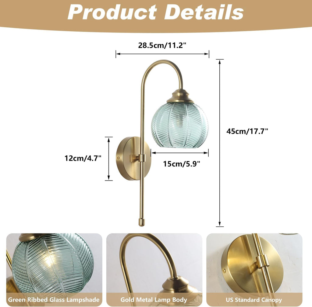 KCO Lighting Brushed Gold Wall Sconce Light Set of 2 Vintage Green Glass Wall Sconce Modern Globe Bathroom Vanity Light Fixture for Stair Corner Hallway