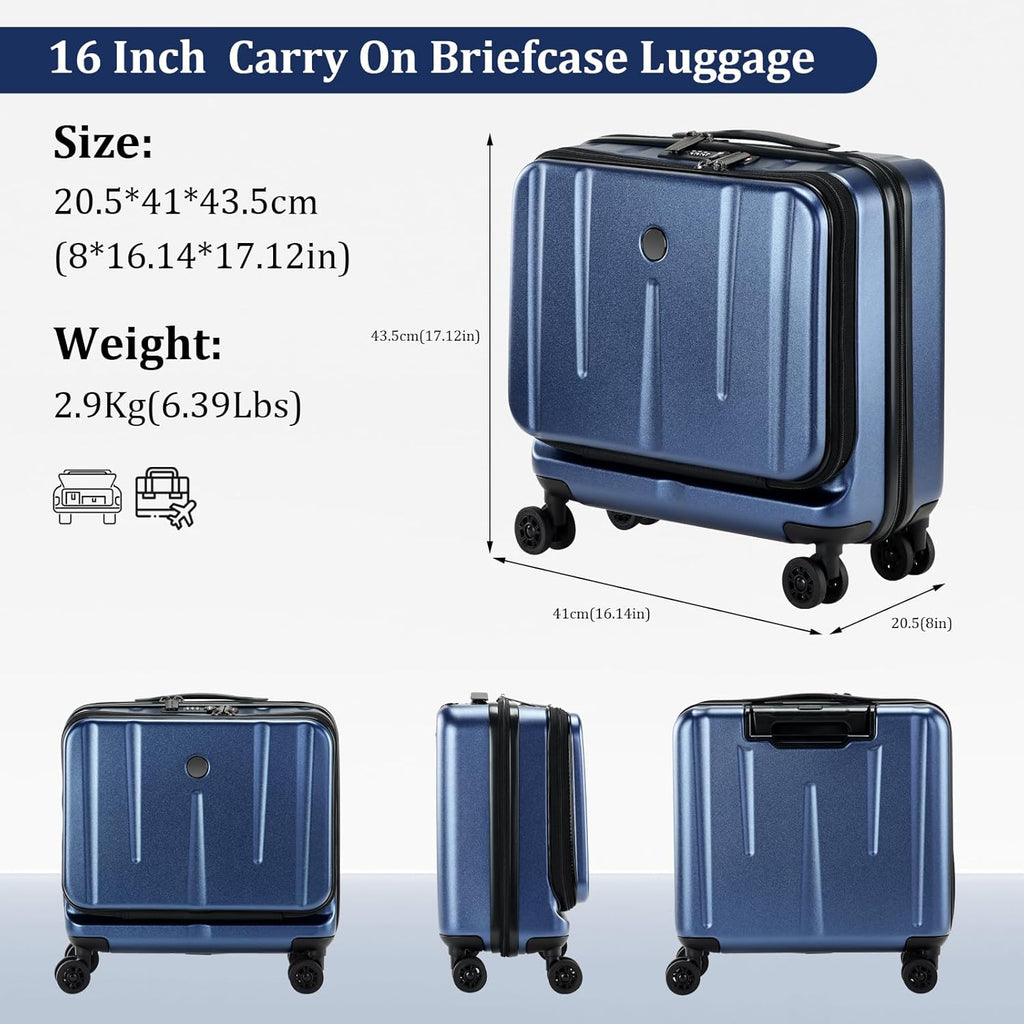 Kaleenie 16' Carry On Briefcase Luggage with 2 Laptop Compartments, Lightweight Hardshell Suitcase with Spinner Silent Wheels, for Commute Work Business Trip, Dark Blue