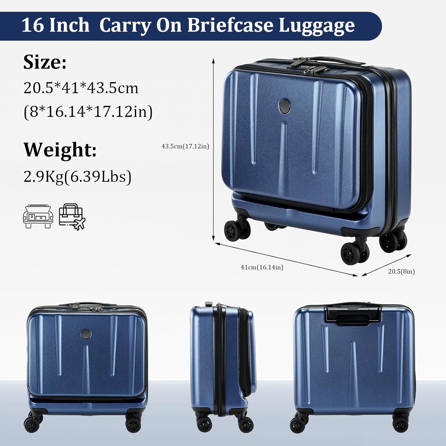 Kaleenie 16' Carry On Briefcase Luggage with 2 Laptop Compartments, Lightweight Hardshell Suitcase with Spinner Silent Wheels, for Commute Work Business Trip, Dark Blue
