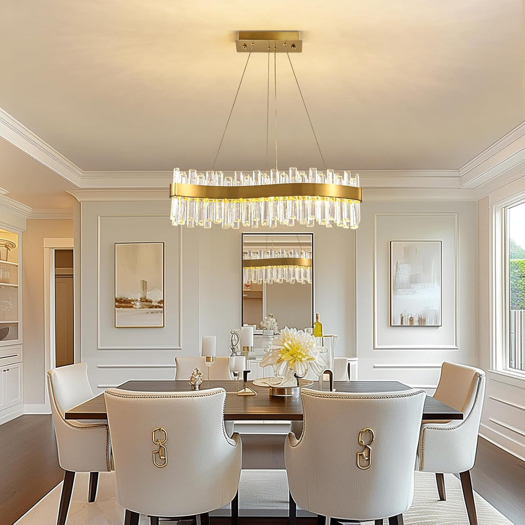 Siljoy Modern LED Crystal Chandelier, Luxury Brass Gold 2-Tiers K9 Crystal Raindrop Chandelier, Adjustable Height Linear Crystal Pendant Island Light for Living Dining Room Kitchen Island L30''