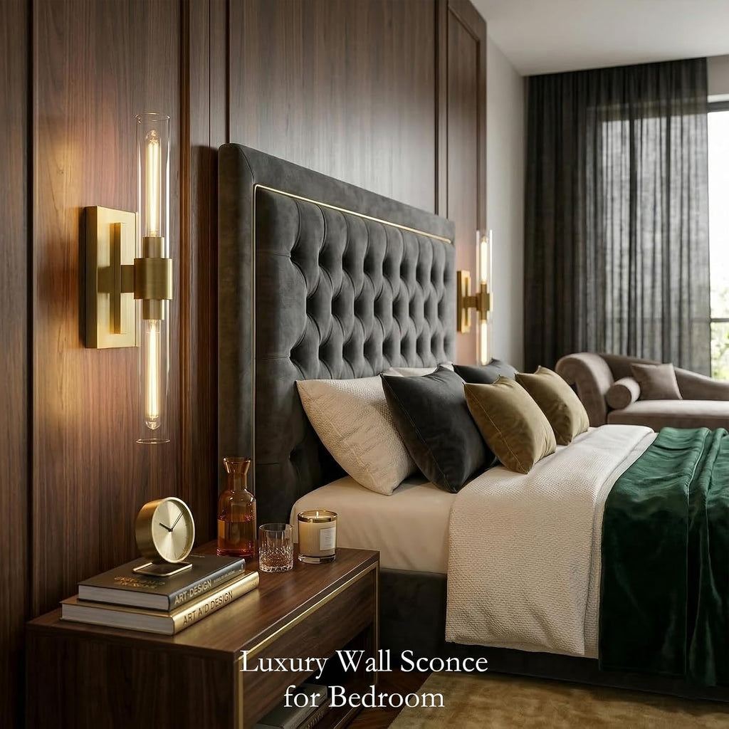 22.8' Brass Wall Sconces Set of 2, Modern Luxury 2-Light Bathroom Vanity Lights with Glass Tube Shade, Dimmable Hardwired Gold Wall Sconce for Bathroom Mirror, Living Room, Hallway (Bulbs Included)