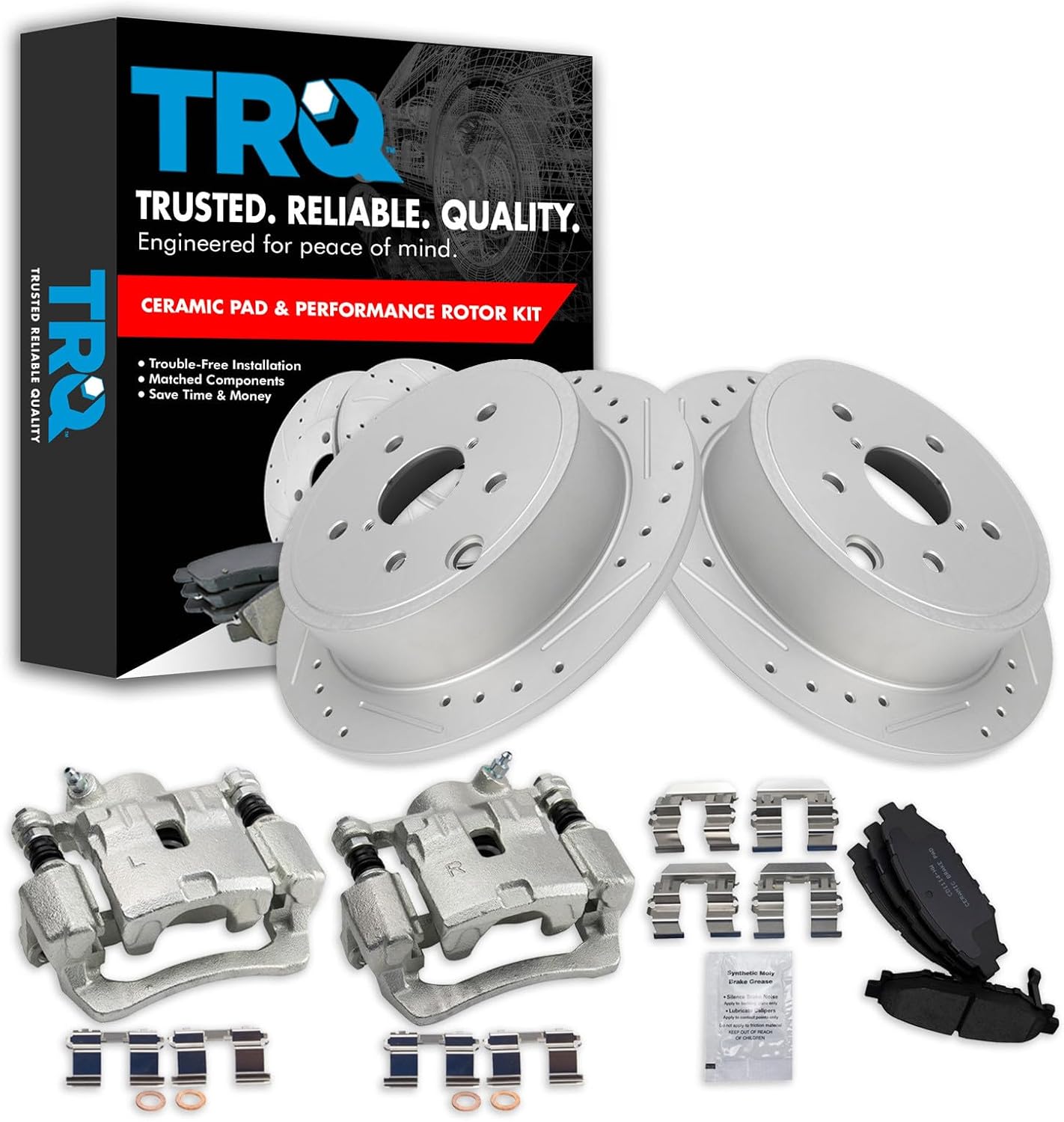 TRQ Performance Rear Brake Pad and Rotor Set Ceramic Slotted Drilled G Coated Rotors Calipers Compatible with 2015-2019 Subaru WRX