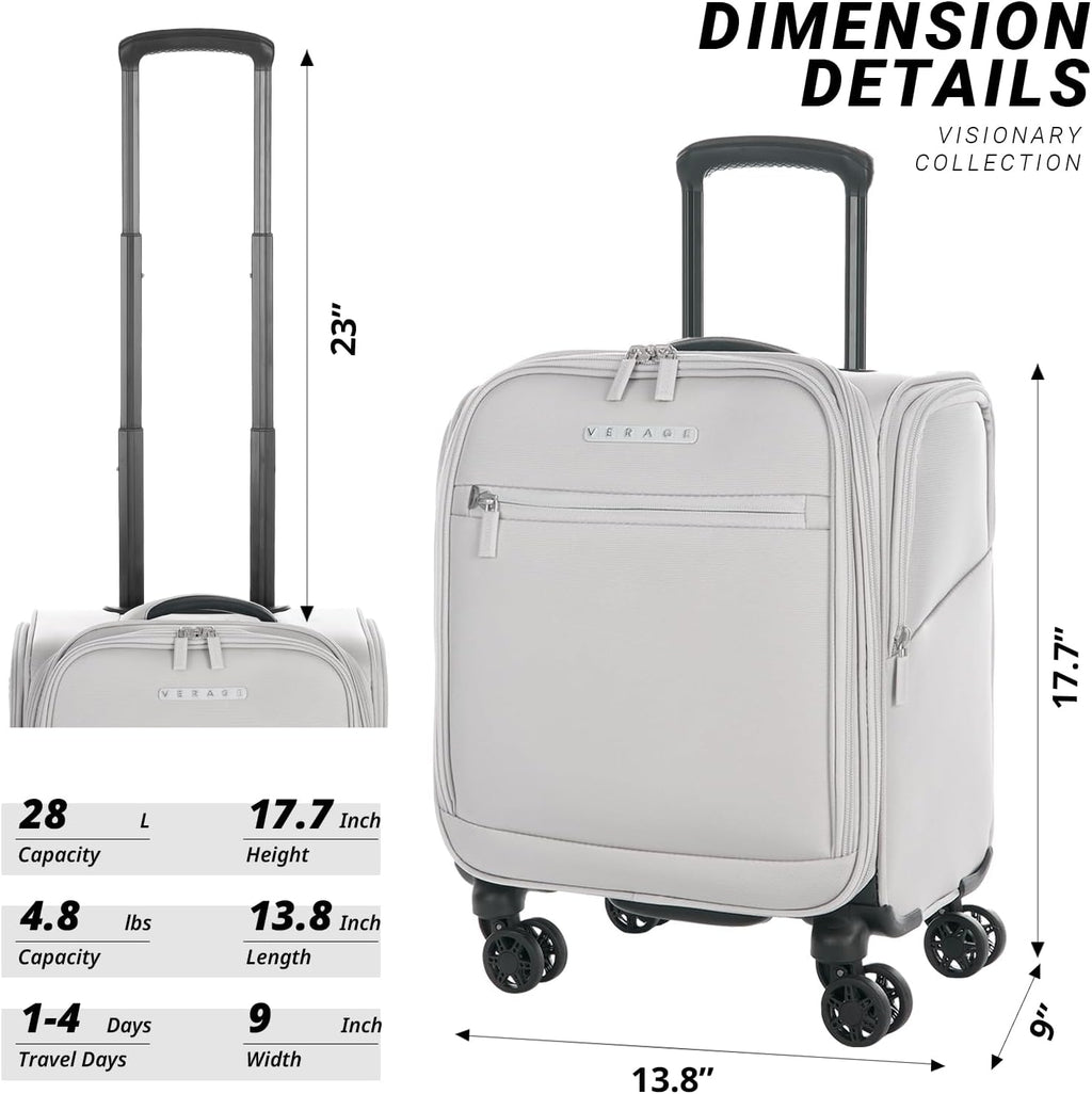Verage Under Seat Luggage with Wheels, Softside Small Suitcase Spinner Carry On Luggage Bags for Airlines Airplanes Short Trip Men Women (Cloud Gray, 14.5-Inch Plus Underseat)