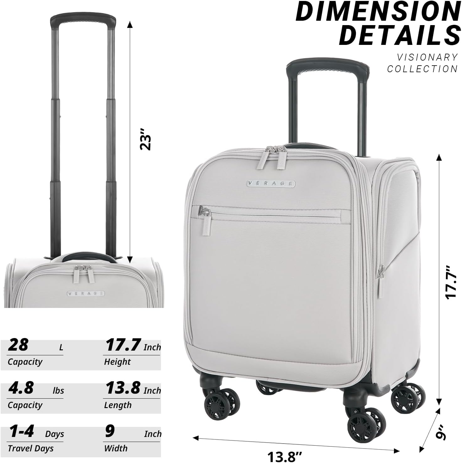 Verage Under Seat Luggage with Wheels, Softside Small Suitcase Spinner Carry On Luggage Bags for Airlines Airplanes Short Trip Men Women (Cloud Gray, 14.5-Inch Plus Underseat)