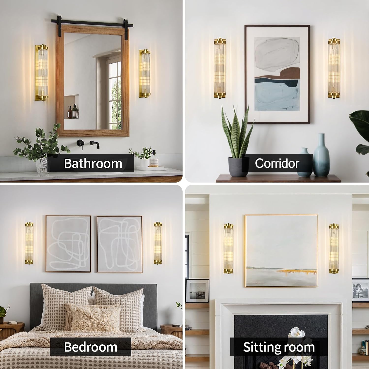 Gold Wall Sconces with Crystal Glass Strip Bathroom Sconces 2 Light E12 Base Modern Wall Lights for Bedroom Living Room Hallway Wall Light Fixtures (1 Pack)