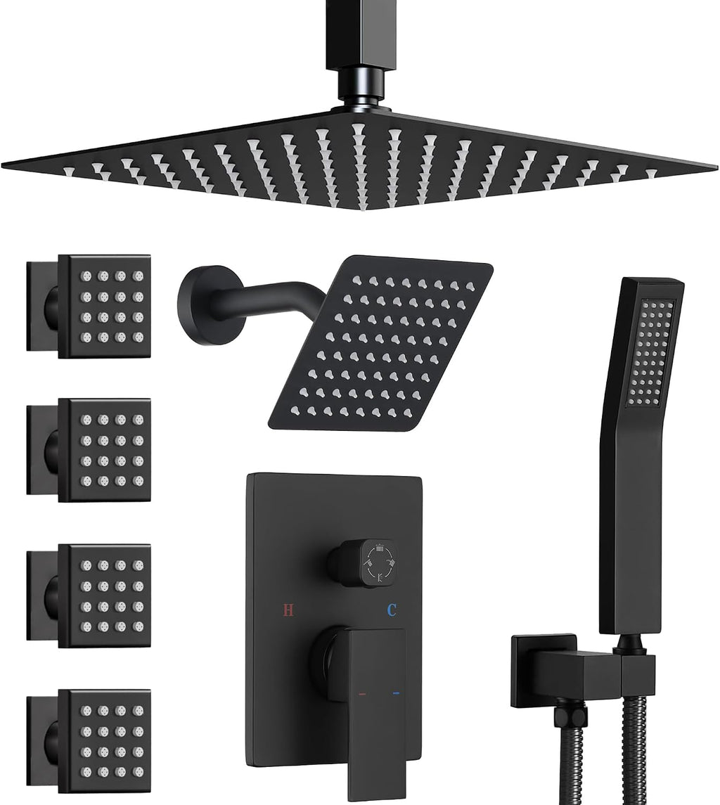 Dual Rainfall Shower Head System with 4 Body Jets, JetsBath Shower Faucet Set Double Shower Head 6-Inch Shower Head & 12' Rain Shower, Luxury Matte Black Shower Faucet Set Tandem Shower Head System