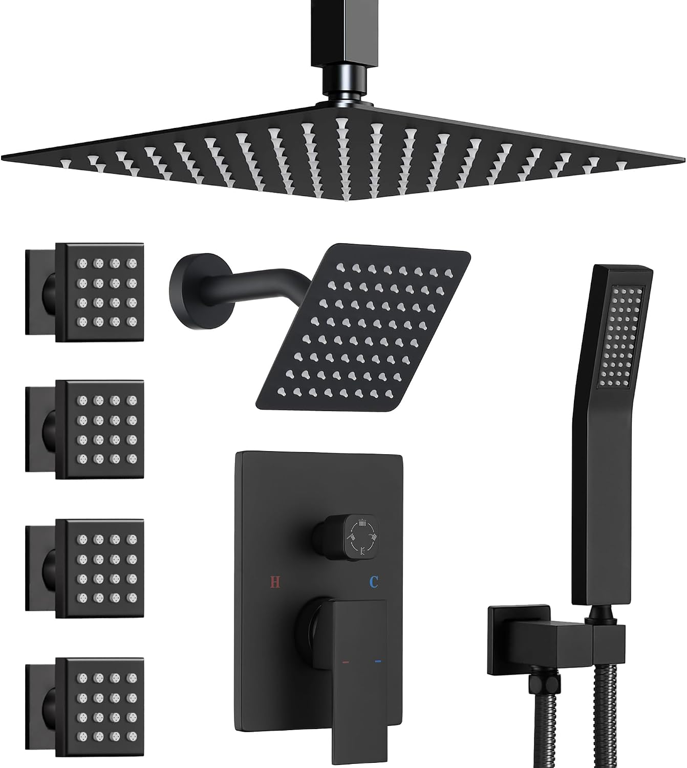 Dual Rainfall Shower Head System with 4 Body Jets, JetsBath Shower Faucet Set Double Shower Head 6-Inch Shower Head & 12' Rain Shower, Luxury Matte Black Shower Faucet Set Tandem Shower Head System