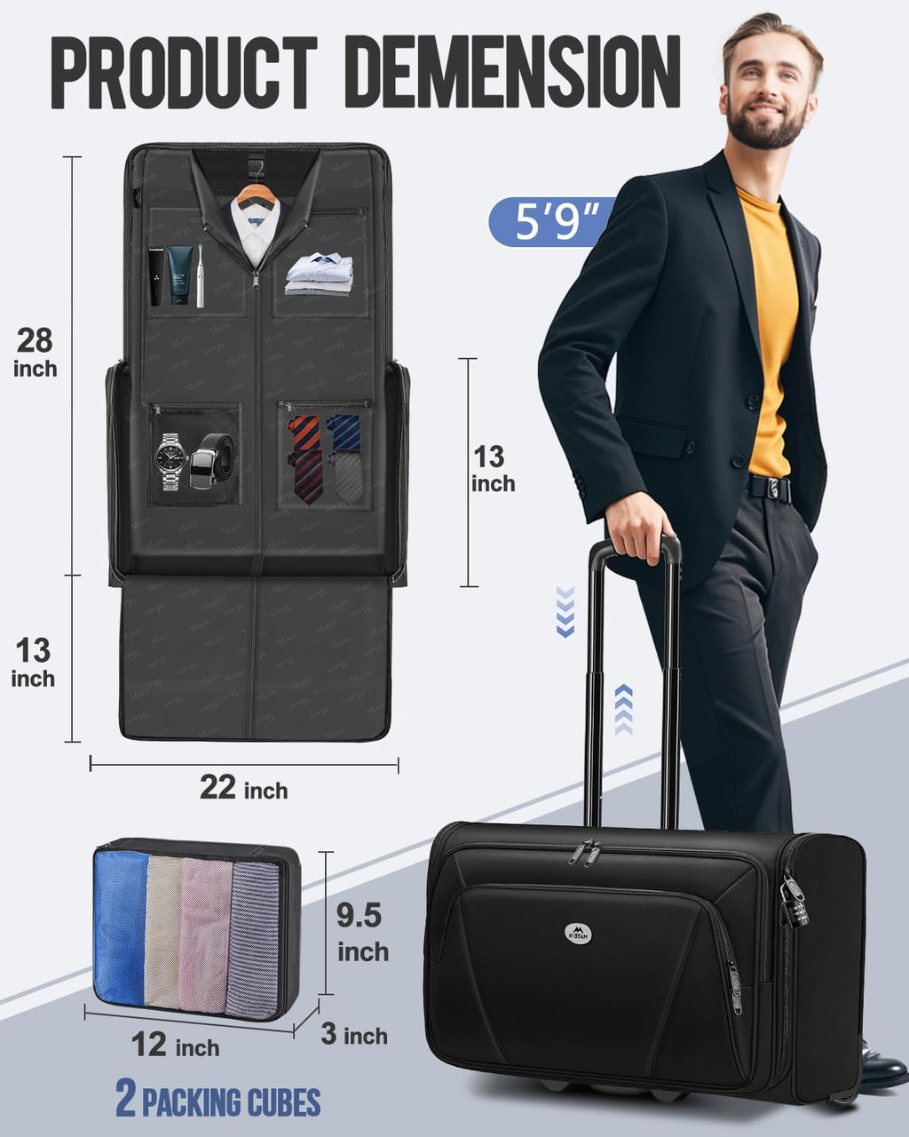 MATEIN Rolling Garment Bags for Airline Travel, Wheeled Carry On Garment Bag with Wheels & 2 Packing Cubes, Wrinkle Free Business Suit Luggage Suitcase Fits 17.3' Laptop for Men Women, Black
