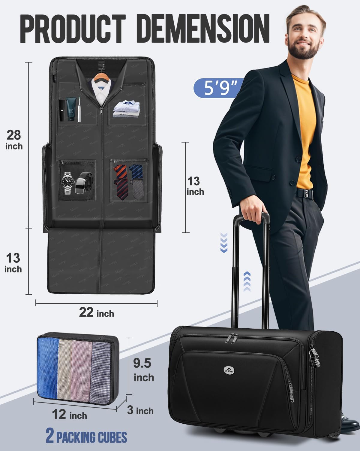 MATEIN Rolling Garment Bags for Airline Travel, Wheeled Carry On Garment Bag with Wheels & 2 Packing Cubes, Wrinkle Free Business Suit Luggage Suitcase Fits 17.3' Laptop for Men Women, Black