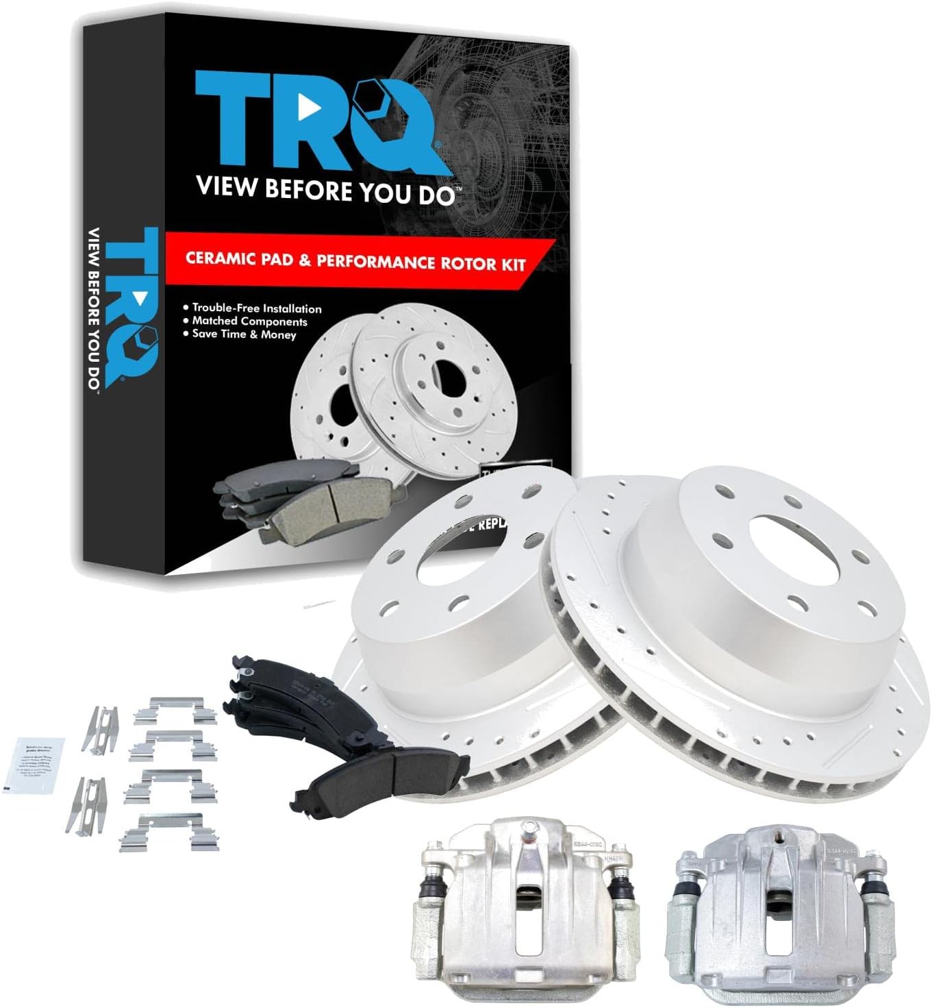 TRQ Performance Rear Brake Pad and Rotor Set Ceramic Slotted Drilled G Coated Vented Rotors Calipers Compatible with 2000-2001 Chevrolet Tahoe GMC Yukon 2002 Sierra 1500