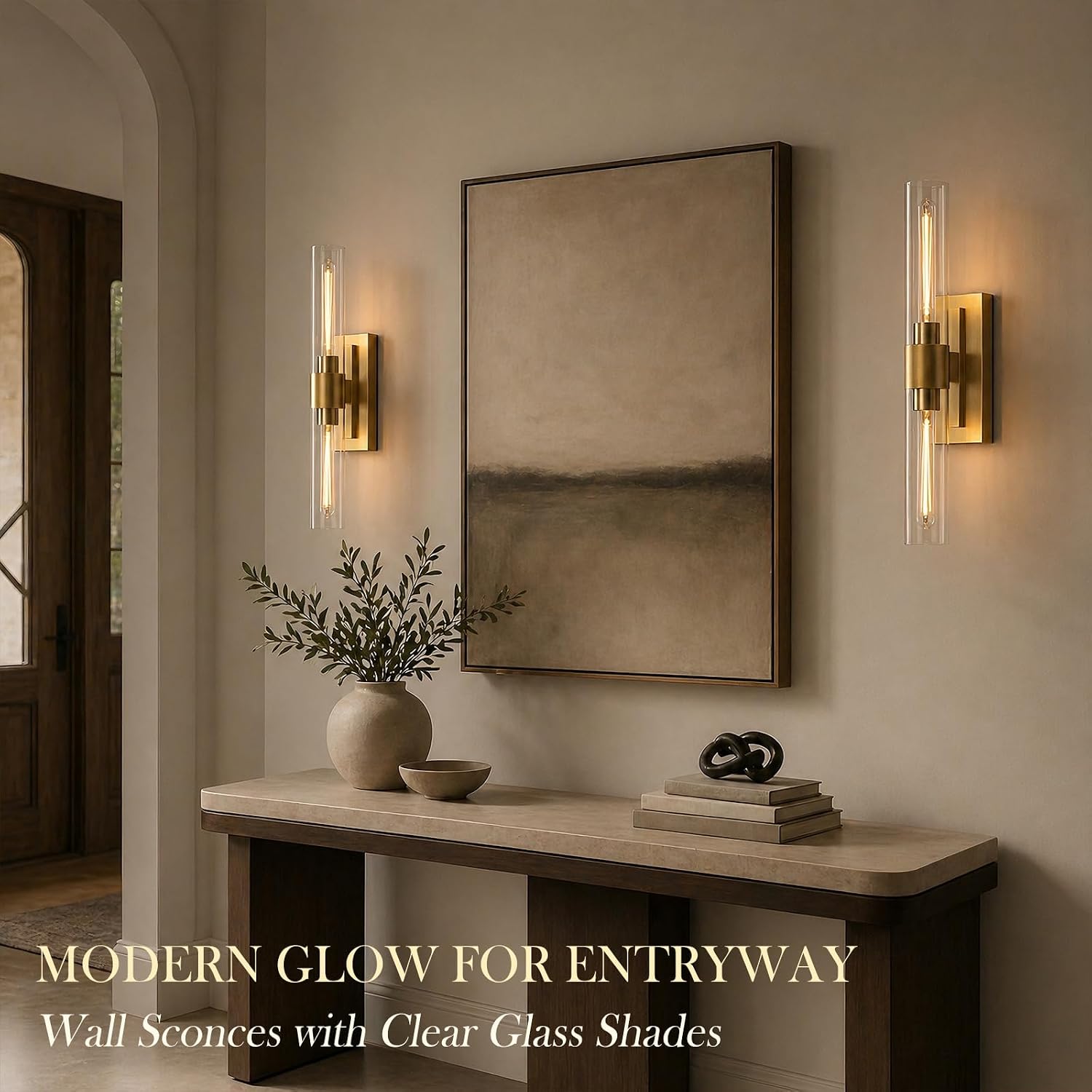 22.8' Brass Wall Sconces Set of 2, Modern Luxury 2-Light Bathroom Vanity Lights with Glass Tube Shade, Dimmable Hardwired Gold Wall Sconce for Bathroom Mirror, Living Room, Hallway (Bulbs Included)