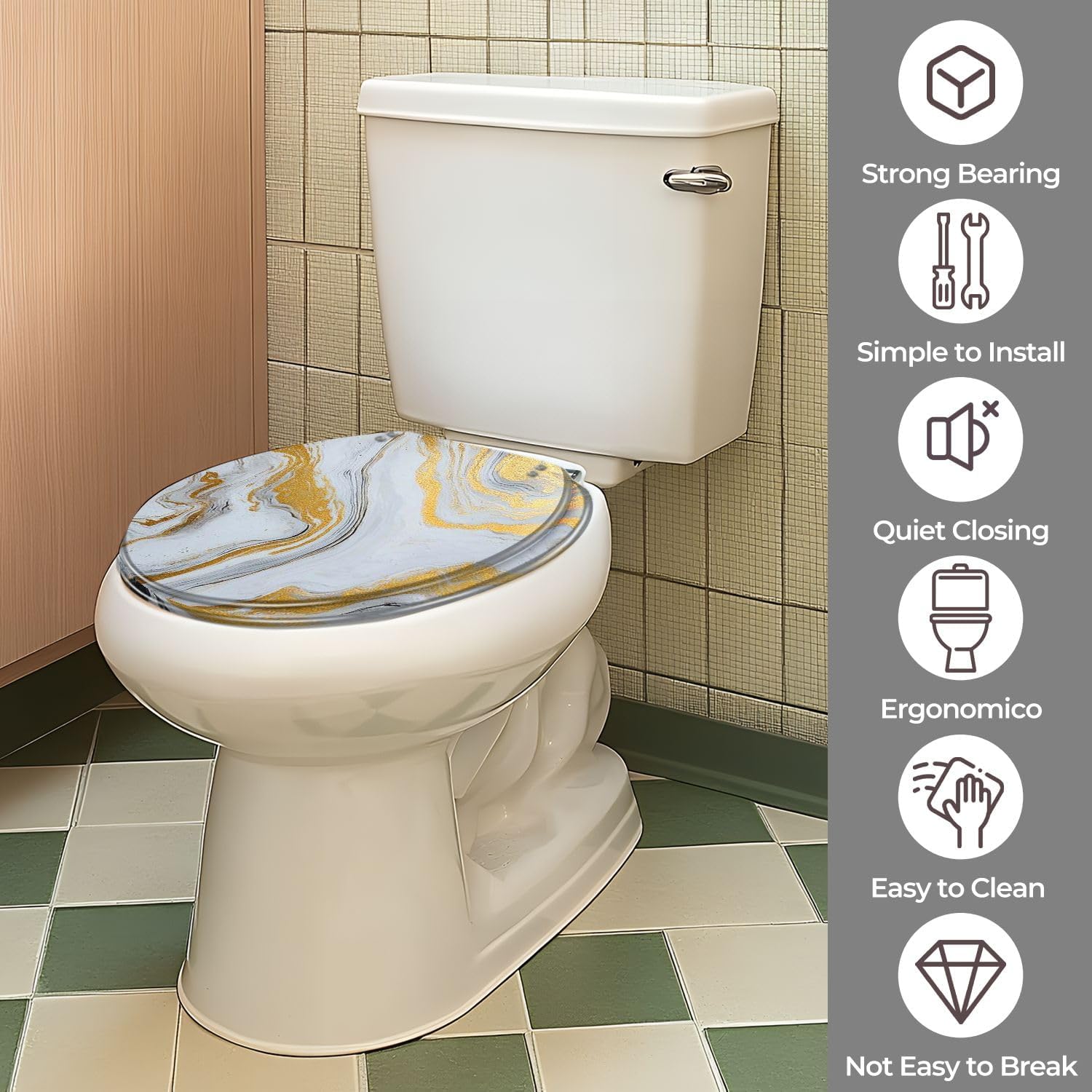 Round Toilet Seat marble ink paper texture white silver gold Resin Colored Toilet Seat Quick Release Hinges with Cover Easy to Install Decorative for Bathroom