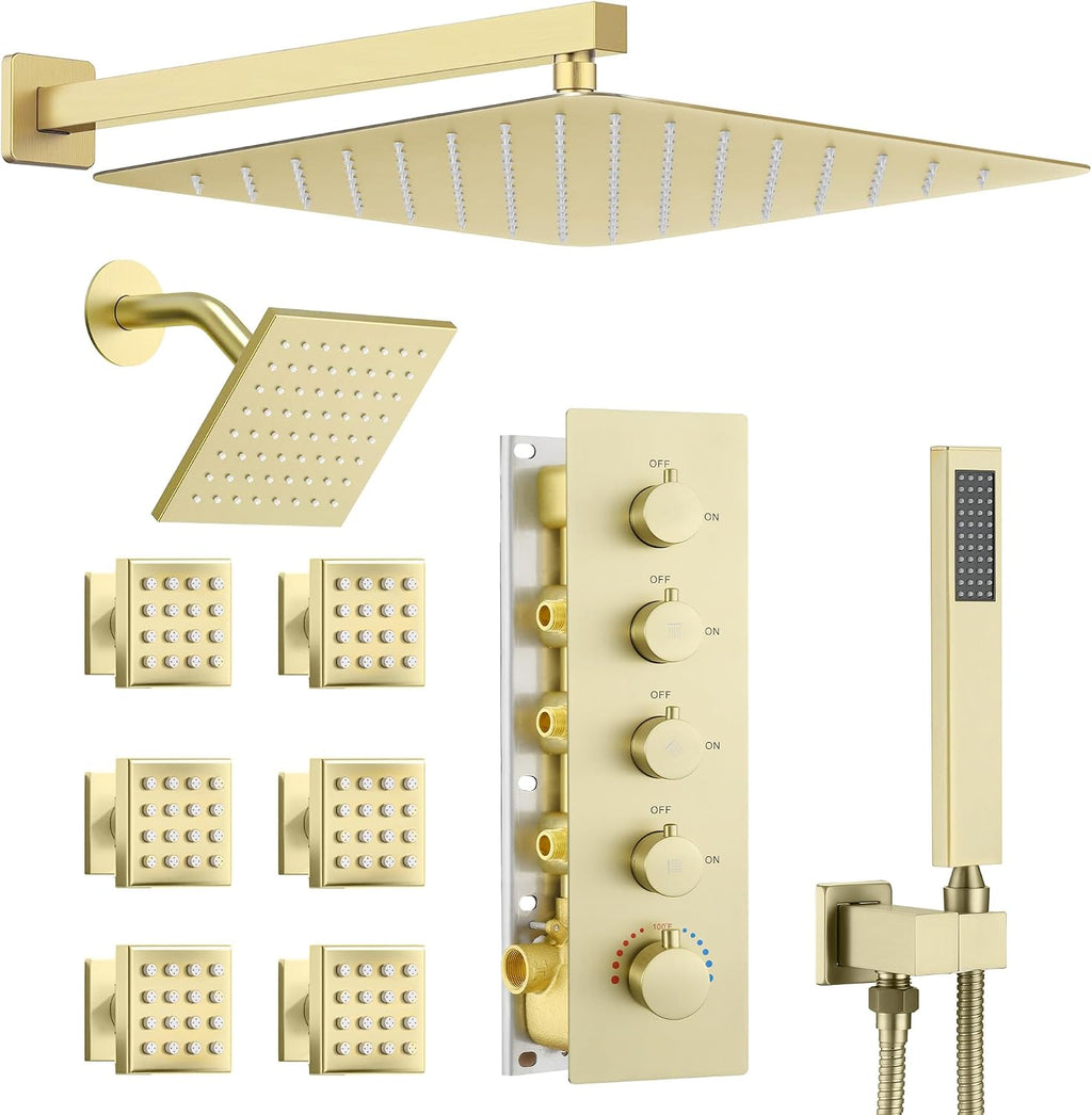 Dasan Thermostatic Dual Shower System with 6 Body Jets, 6-Inch Shower & 16' Rainfall Shower, Luxury Brushed Gold Shower Faucet Set Rain Shower System for Couples/ 2-Person