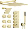 Dasan Thermostatic Dual Shower System with 6 Body Jets, 6-Inch Shower & 16' Rainfall Shower, Luxury Brushed Gold Shower Faucet Set Rain Shower System for Couples/ 2-Person