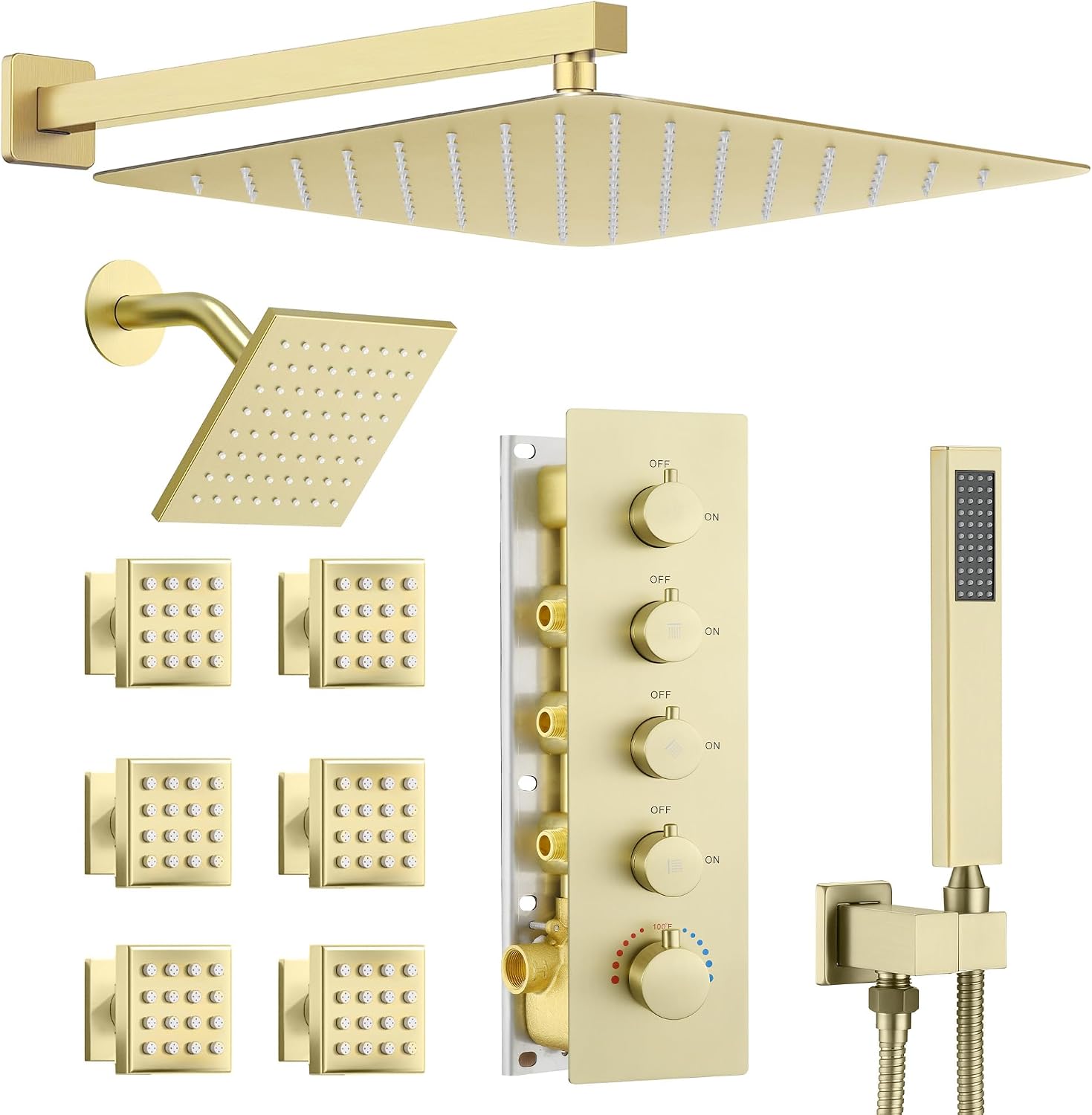 Dasan Thermostatic Dual Shower System with 6 Body Jets, 6-Inch Shower & 16' Rainfall Shower, Luxury Brushed Gold Shower Faucet Set Rain Shower System for Couples/ 2-Person