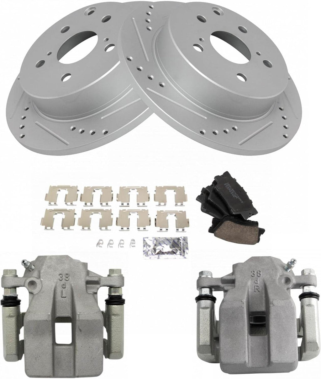 TRQ Performance Rear Brake Pad and Rotor Set Ceramic Drilled Slotted Coated Rotors Calipers Compatible with 2006-2011 Toyota RAV4