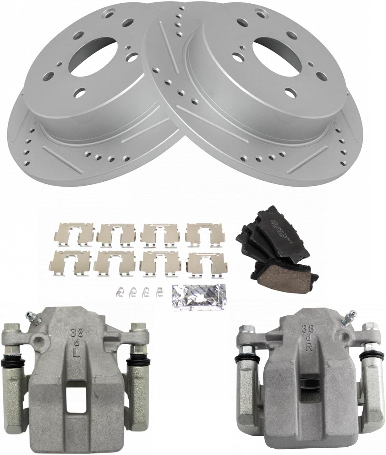 TRQ Performance Rear Brake Pad and Rotor Set Ceramic Drilled Slotted Coated Rotors Calipers Compatible with 2006-2011 Toyota RAV4