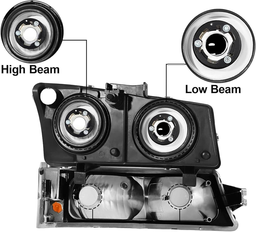Headlights and Taillights Assembly Combo Kits for 2003-2006 Chevy Silverado 1500 2500 3500 & 2007 Chevy Silverado Classic Head Lamps/Red Rear Tail Brake Signal Lights Replacement (LH RH),Black Amber