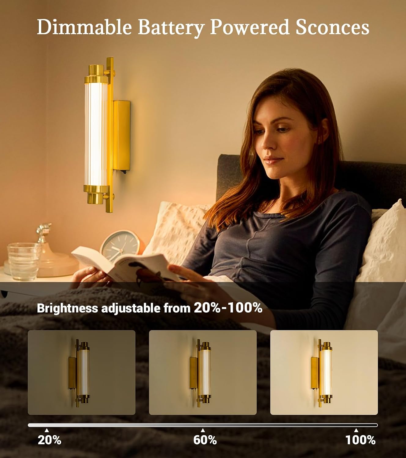 Battery Operated Wall Sconce Set of Two,12000 mAh Rechargeable Wall Sconce with Remote Battery Powered Wall Light LED Crystal Glass Gold Wall sconces for Bathroom, Living Room, Hallway, Mirror