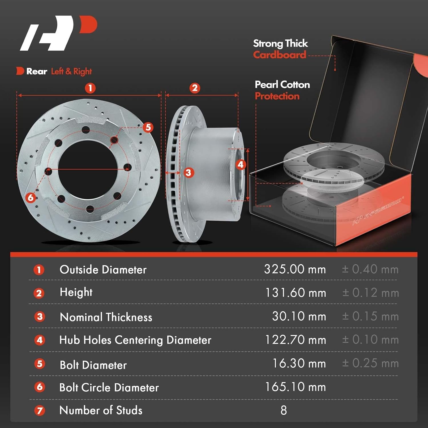 A-Premium 12.80 inch(325 mm) Rear Drilled and Slotted Disc Brake Rotors + Ceramic Pads Kit Compatible with Select Chevy and GMC Models - Silverado 3500, Silverado 3500 HD, Sierra 3500, Sierra 3500HD