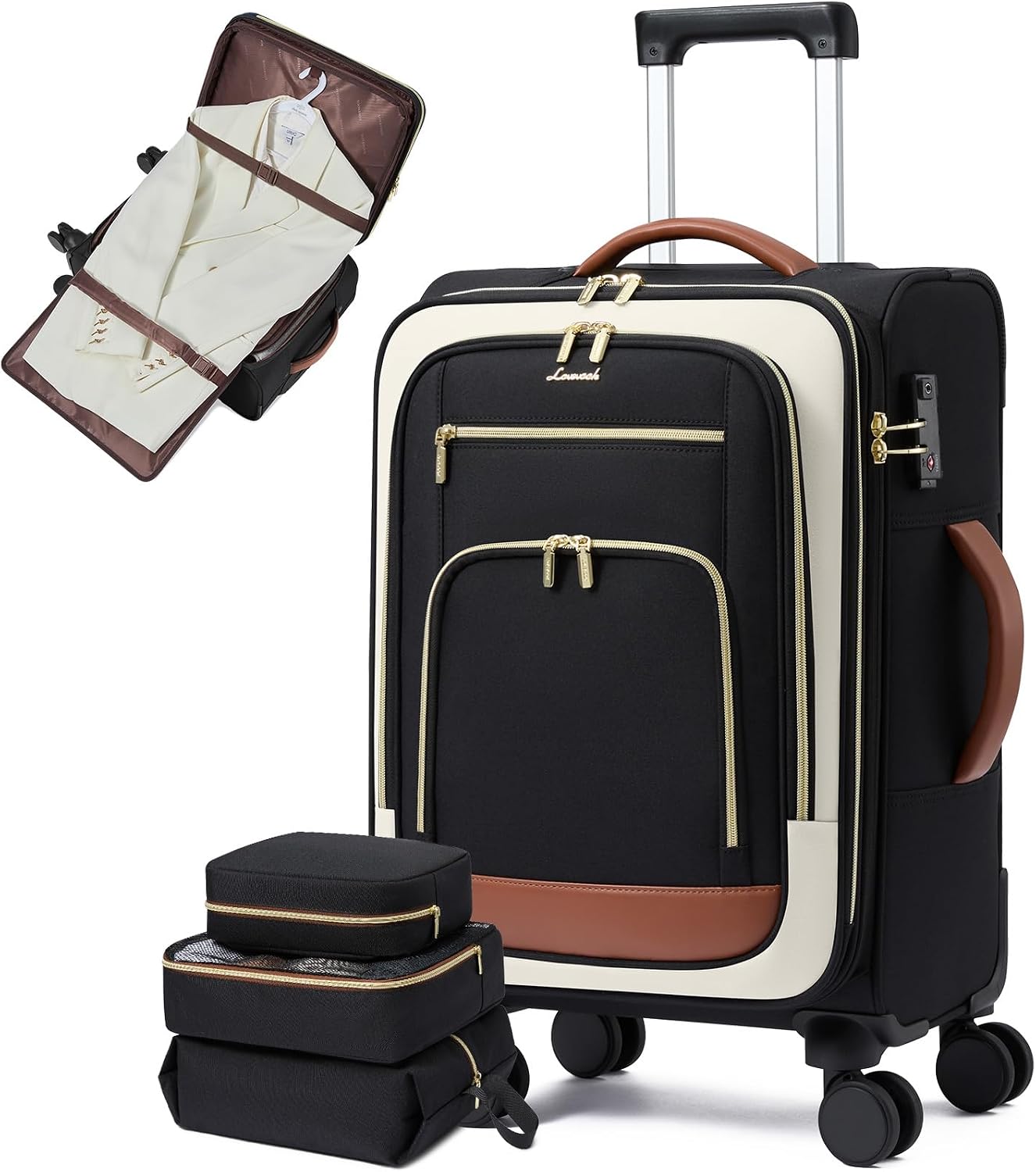 LOVEVOOK Carry on Luggage Airline Approved with Garment Bag & Spinner Wheels, 26.5 Inch Large Rolling Suitcase with TSA Lock, Softside Lightweight Underseat Carryon Luggage for Women Travel, 3Pcs