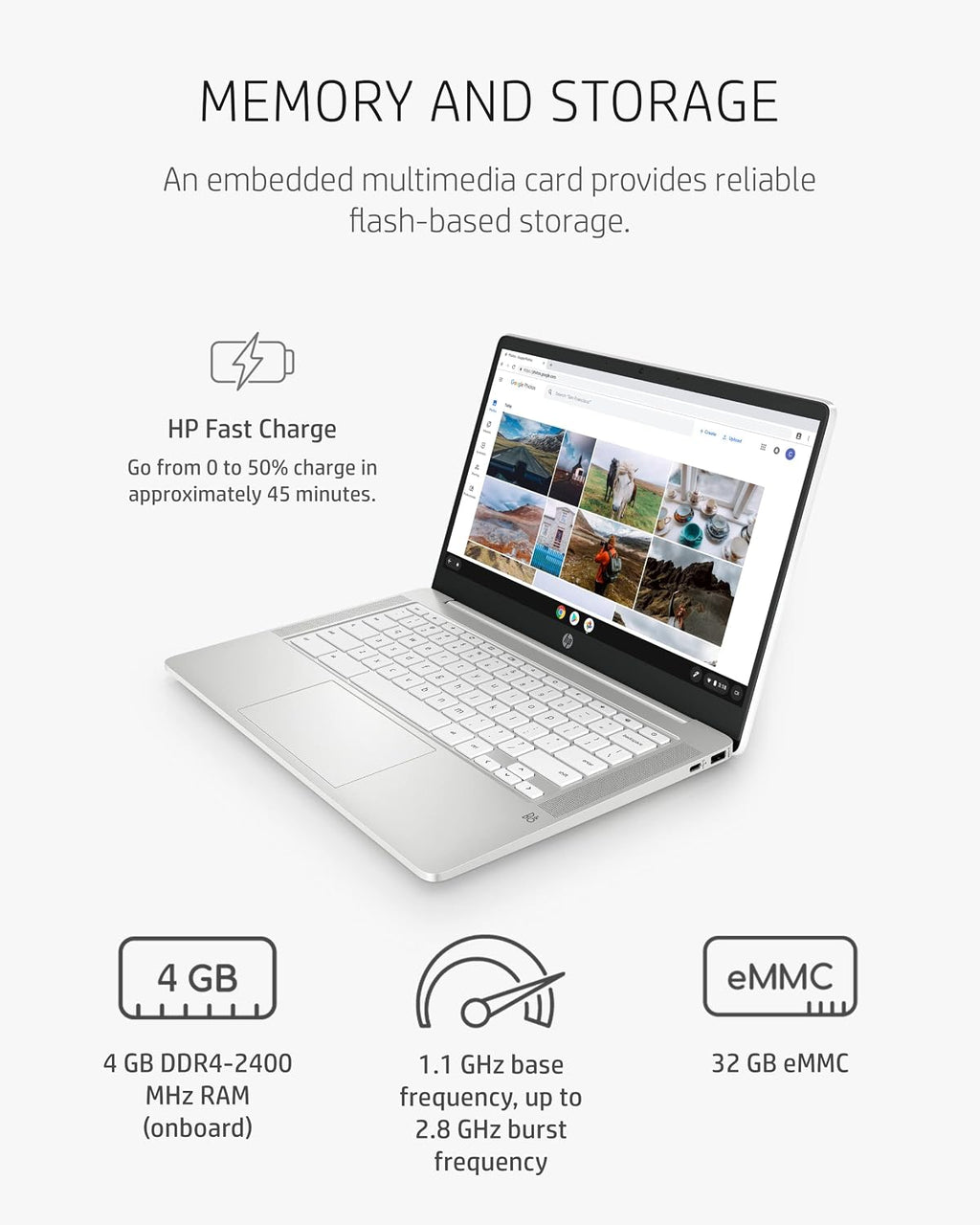 HP Chromebook 14 Laptop, Intel Celeron N4020, 4 GB RAM, 32 GB eMMC, 14' HD Micro-Edge Display, Chrome OS, Thin & Portable, 4K Graphics, Snow White Keyboard (14a-na0023nr, 2021, Ceramic White)