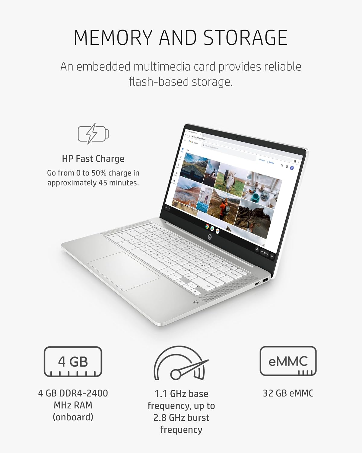 HP Chromebook 14 Laptop, Intel Celeron N4020, 4 GB RAM, 32 GB eMMC, 14' HD Micro-Edge Display, Chrome OS, Thin & Portable, 4K Graphics, Snow White Keyboard (14a-na0023nr, 2021, Ceramic White)