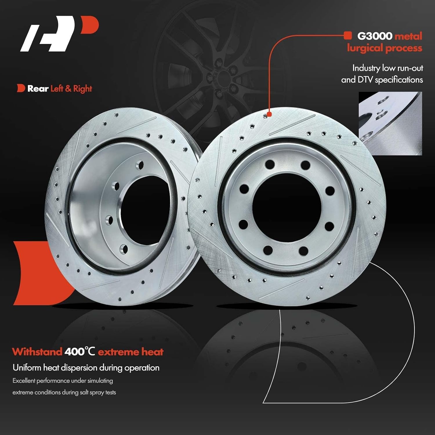 A-Premium 12.99 inch (330mm) Rear Drilled and Slotted Disc Brake Rotors + Ceramic Pads Kit Compatible with Select Chevy and GMC Models - Silverado HD, Suburban, Sierra 2500, Avalanche, Yukon XL, 6-PC