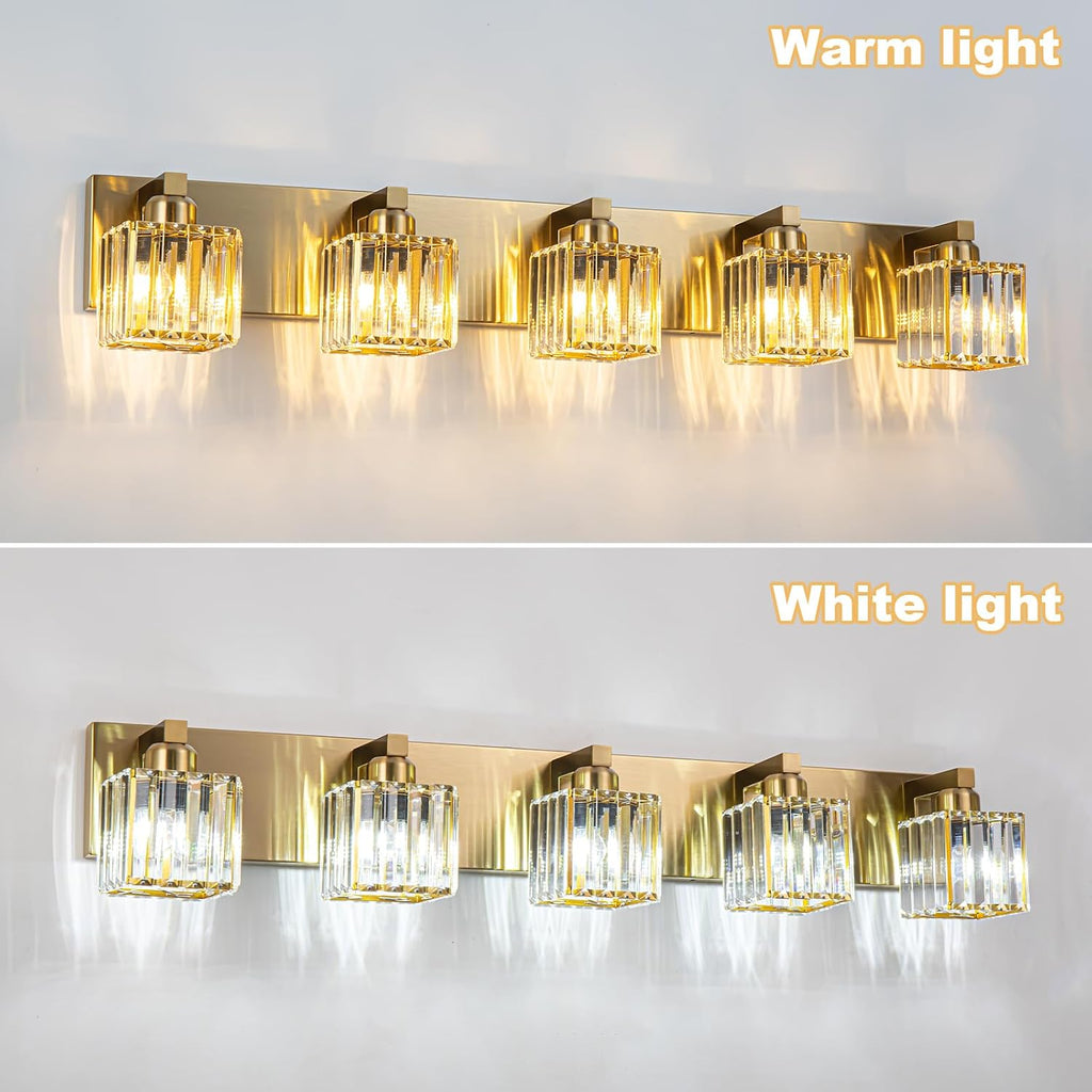 Gold Crystal Bathroom Vanity Lights, 5 Lights Bathroom Lighting Fixtures Over Mirror Modern Gold Crystal Wall Light with Square Shade