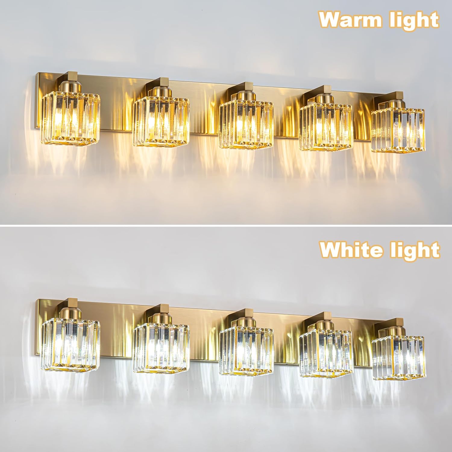 Gold Crystal Bathroom Vanity Lights, 5 Lights Bathroom Lighting Fixtures Over Mirror Modern Gold Crystal Wall Light with Square Shade