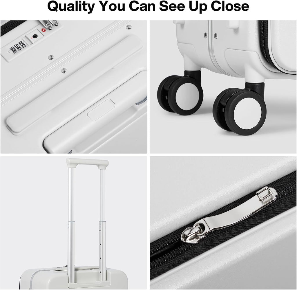 mixi 17x14x9 Carry On Luggage Underseat PC Hard Shell Suitcase Top Opening Aluminum Frame Travel Suitcases with Wheels, Smoke White