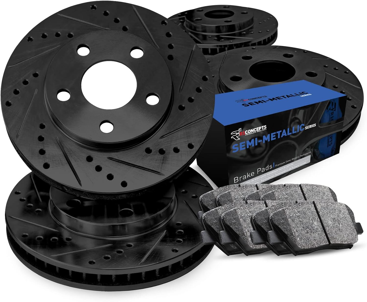 R1 Concepts Front and Rear Brake Kit Fits 2005-2021 Chrysler 300; 2009-2021 Dodge Challenger; 2006-2021 Dodge Charger| Semi Met Brake Pads and Drilled Slotted Brake Rotors| 13.6' Front & 12.6' Rear