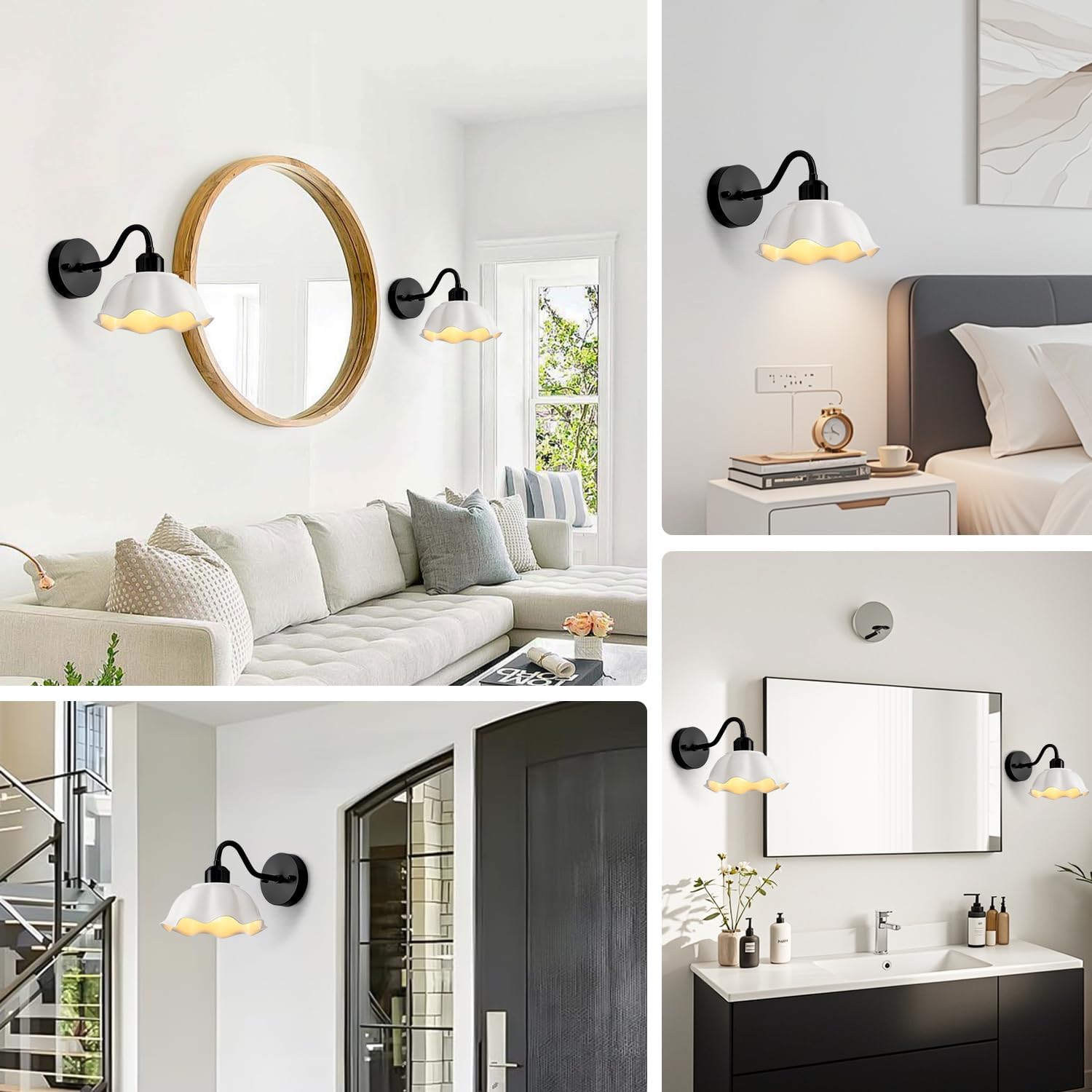 Black Bathroom Wall Sconces Set of 2 Modern White Milk Glass Wall Light Fixtures Farmhouse Living Room Wall Mounted Lights Vintage Bedroom Hardwired Vanity Wall Lamps Set of Two MWL02-2BK