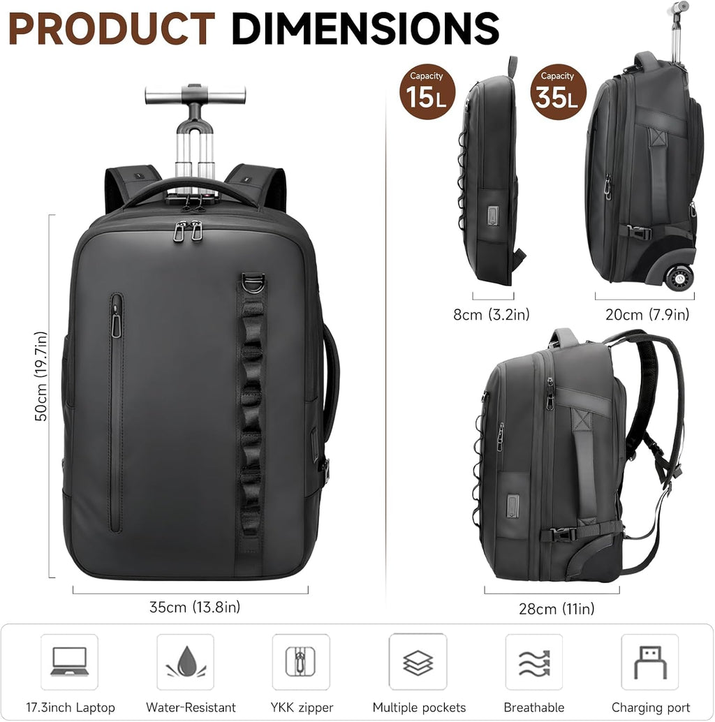 2-in-1 Detachable Carry On Rolling Backpack - Splits into Two Bags for Travel, 50L Wheeled Backpack with 17.3″ Padded Laptop Sleeve, USB Charging Ports, TSA Lock, Waterproof Luggage Suitcase