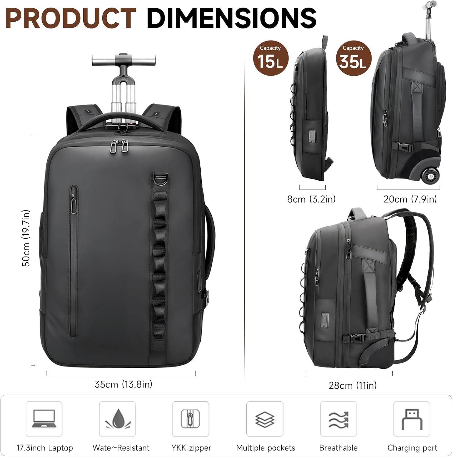 2-in-1 Detachable Carry On Rolling Backpack - Splits into Two Bags for Travel, 50L Wheeled Backpack with 17.3″ Padded Laptop Sleeve, USB Charging Ports, TSA Lock, Waterproof Luggage Suitcase