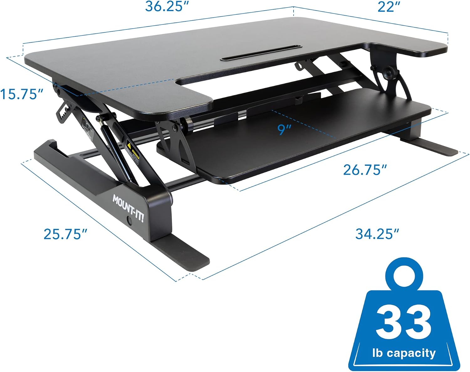Mount-It! Standing Desk Converter - Height Adjustable Stand Up Desk with Gas Spring Riser - Wide 36 Inch Sit Stand Workstation Fits Dual Monitors – Black (MI-7926)