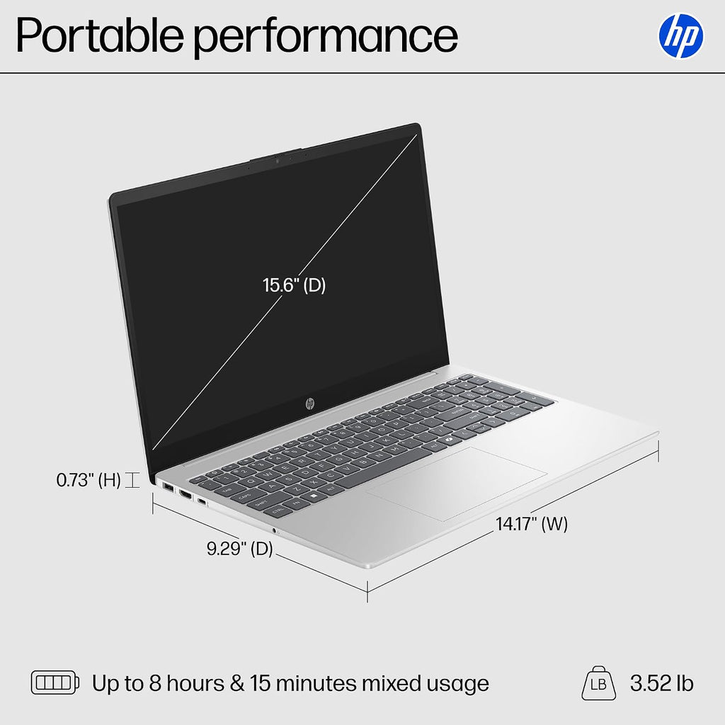 HP 15.6 inch Laptop, HD Display, Intel Core i3-N305, 8 GB RAM, 256 GB SSD, Intel UHD Graphics, Windows 11 Home, Natural Silver, 15-fd0500nr