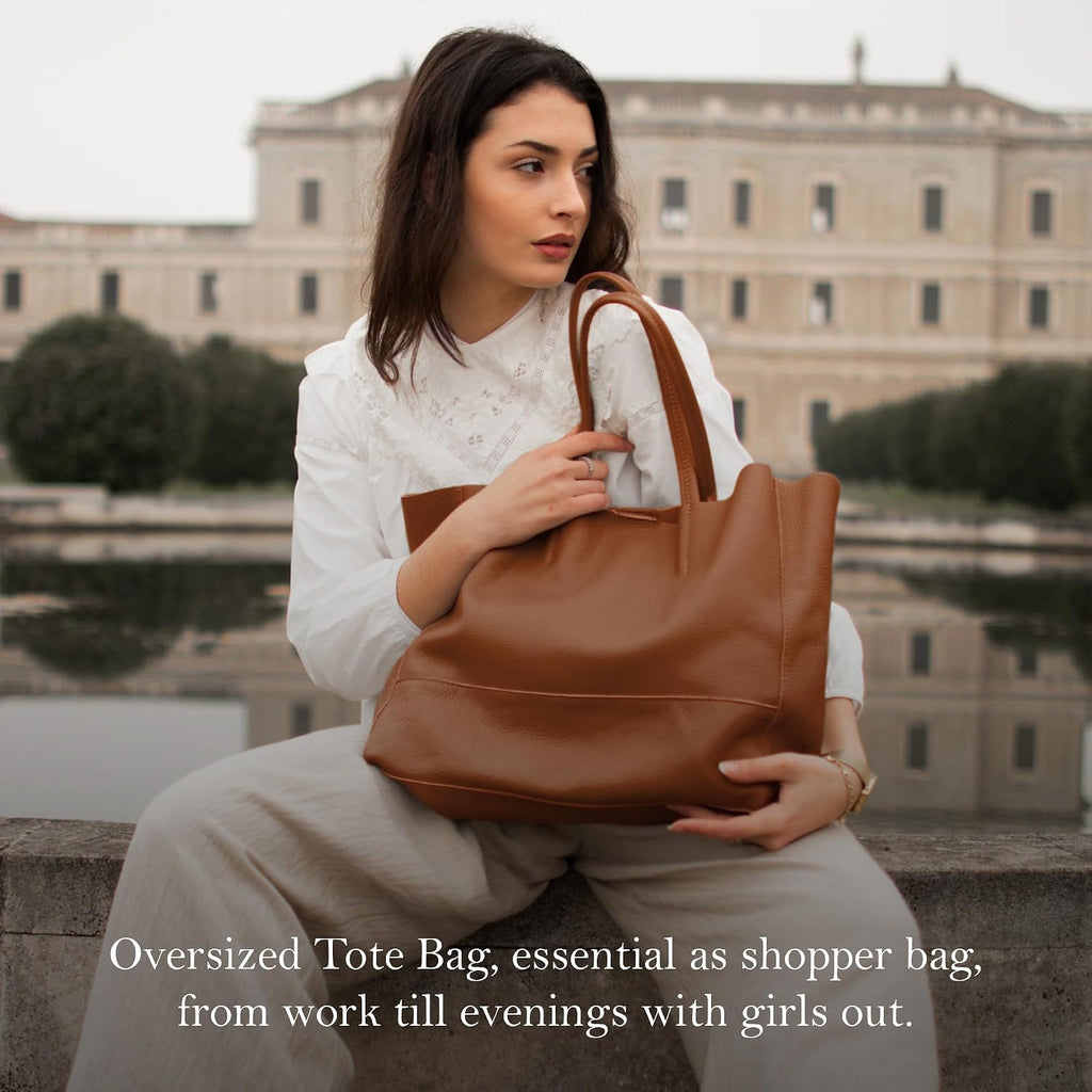 Italian Leather Tote Bag for Women - Large Shoulder Shopper, Fits 16' Laptop, Keychain Holder, Made in Italy