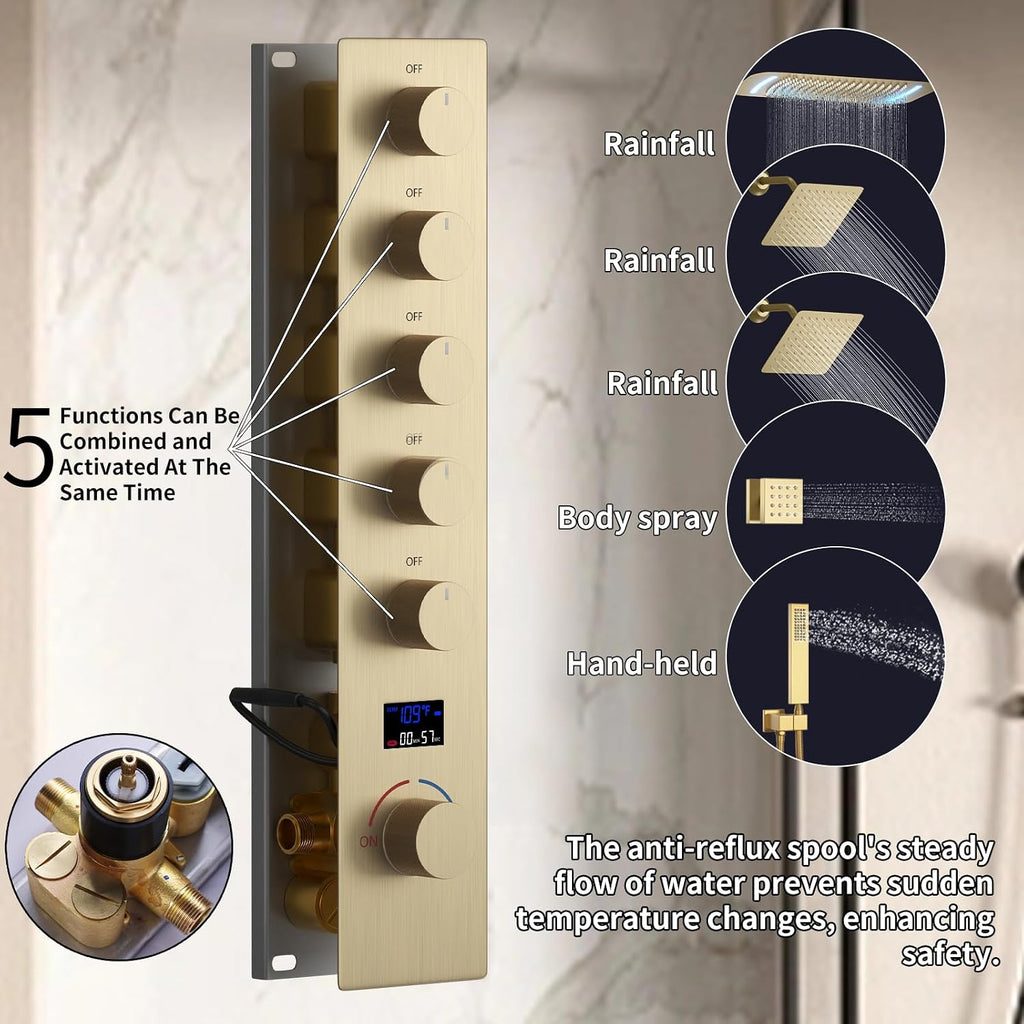 Shower System 16X26 inch Ceiling Mounted Shower Faucet Set with 8 inch Dual Shower Head, with 6 PCS Body Jets and Handheld Spray, Digital Temperature Display Shower Valve, Brushed Gold