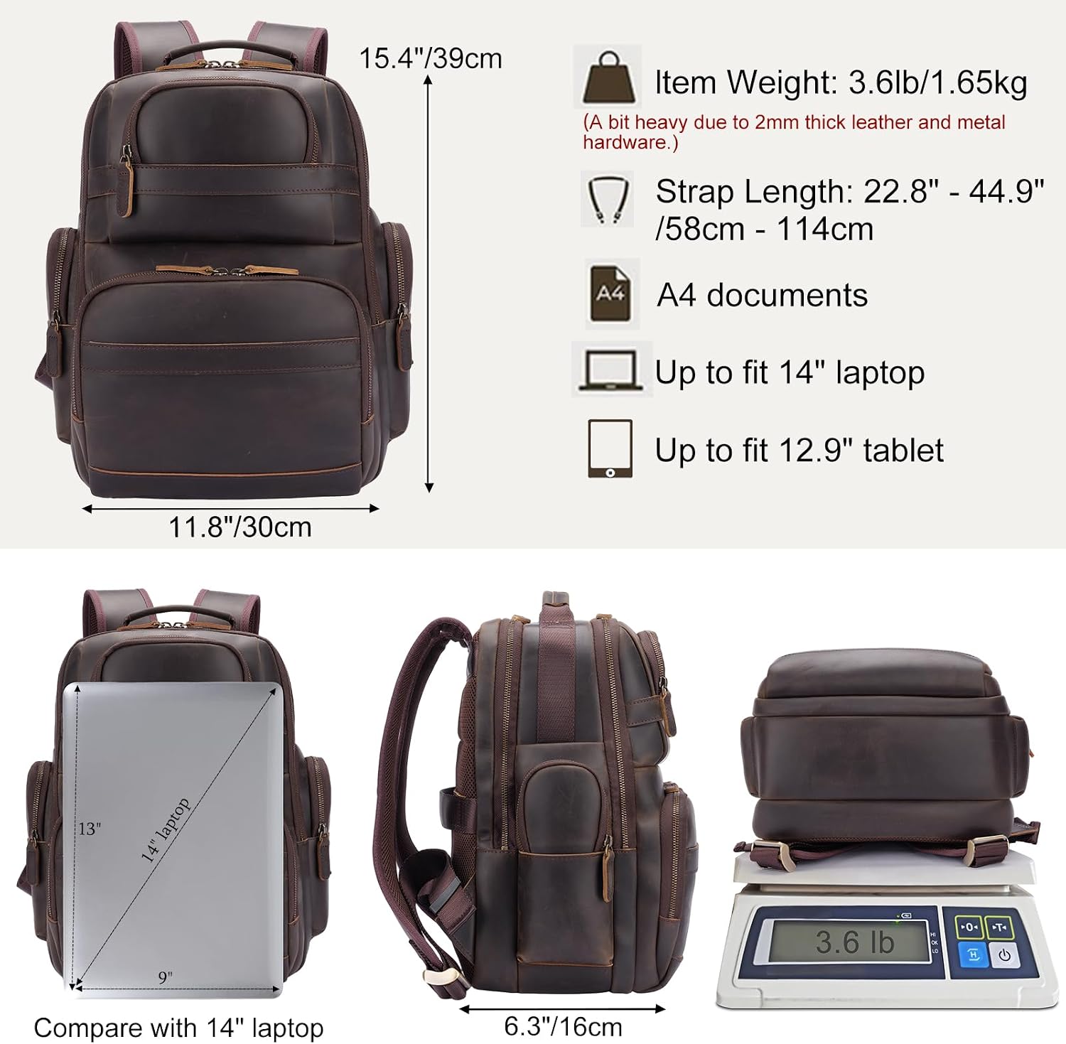 TIDING Men's Vintage Leather Backpack 15.6' Laptop Bag Large Capacity Business Travel Hiking Shoulder Daypacks