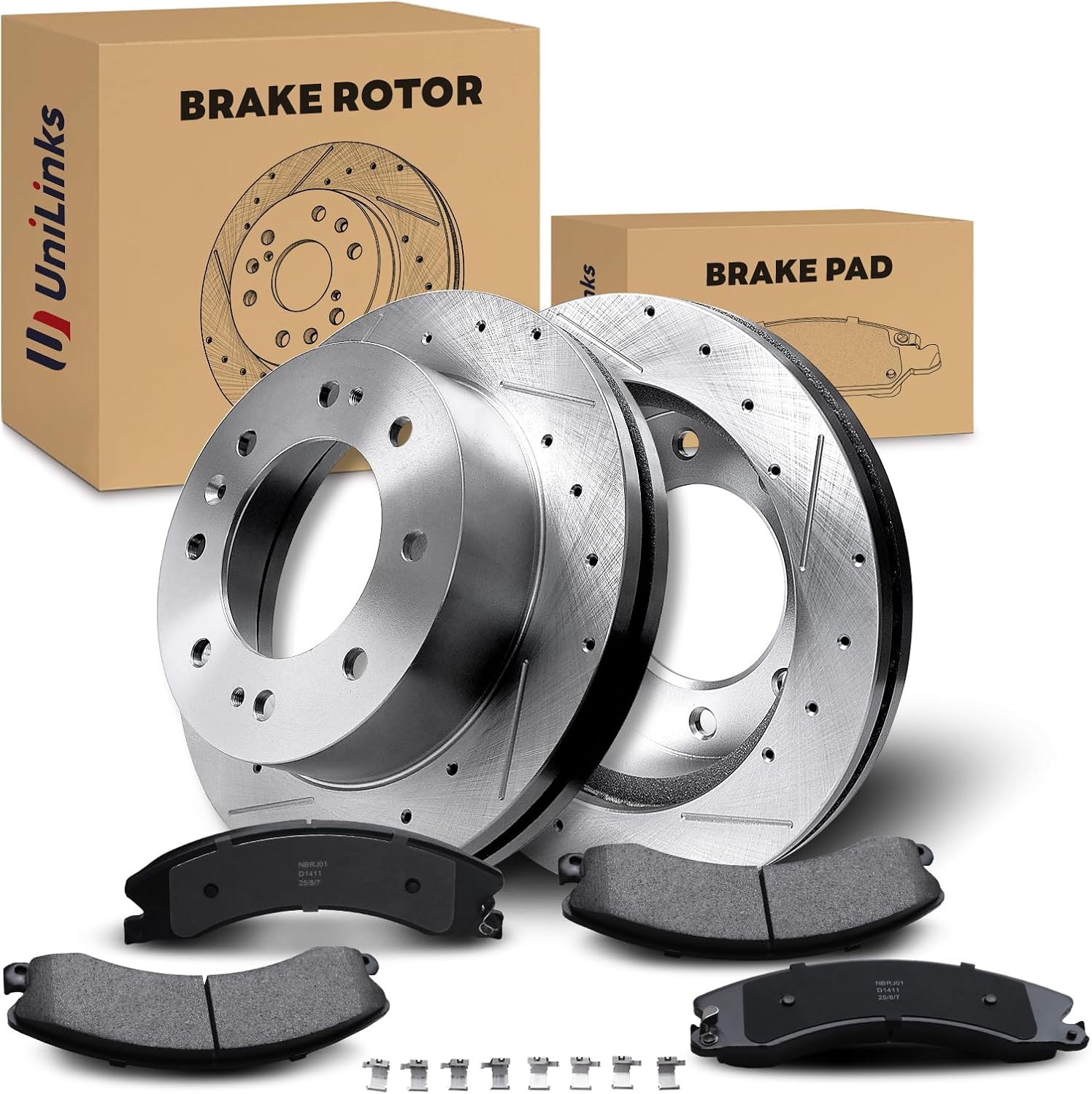 Front Drilled and Slotted Disc Brake Rotors & Ceramic Brake Pads Kit Fit for Chevy 2011-2019 Silverado 2500HD/3500HD, 2016-2018 Suburban 3500HD; for GMC 2011-2019 Sierra 2500HD/3500HD