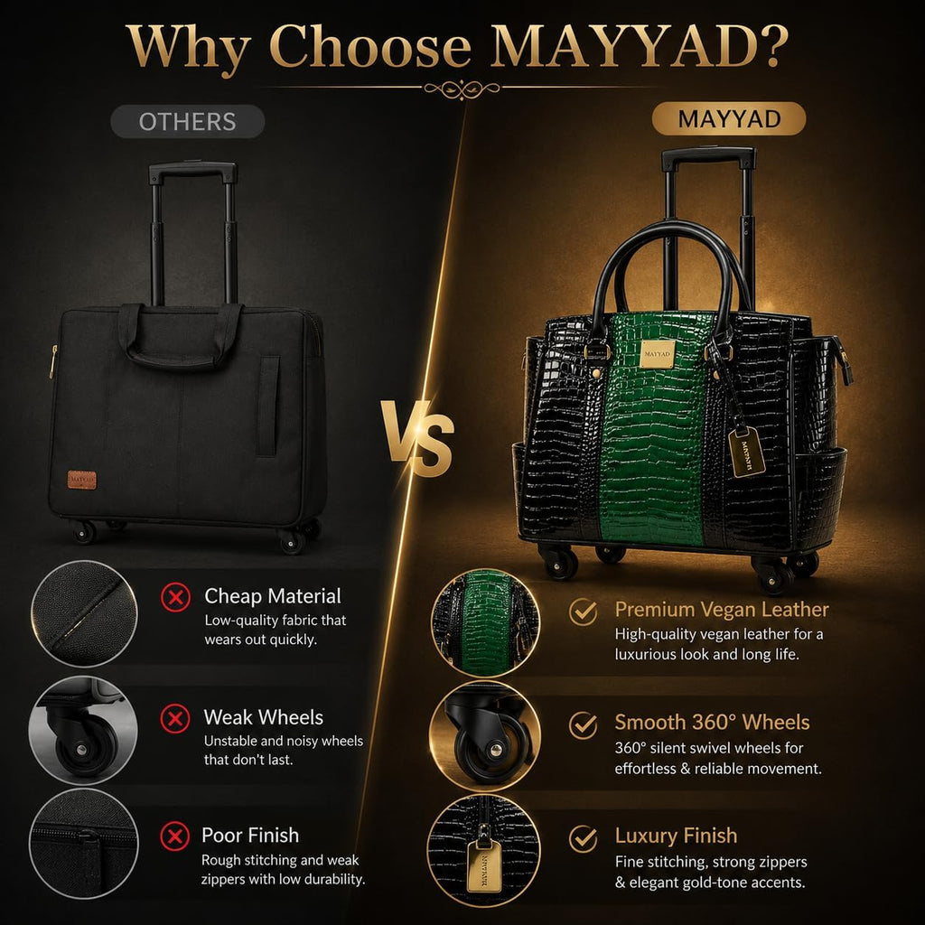 Rolling Laptop Bag for Women with Wheels & Handle Luxury Pure Leather Embossed Work Bag with Laptop Sleeve Travel Briefcase