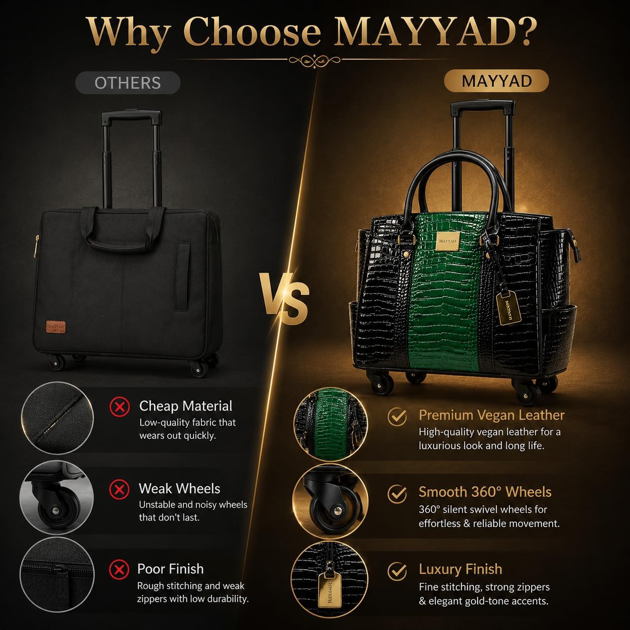 Rolling Laptop Bag for Women with Wheels & Handle Luxury Pure Leather Embossed Work Bag with Laptop Sleeve Travel Briefcase