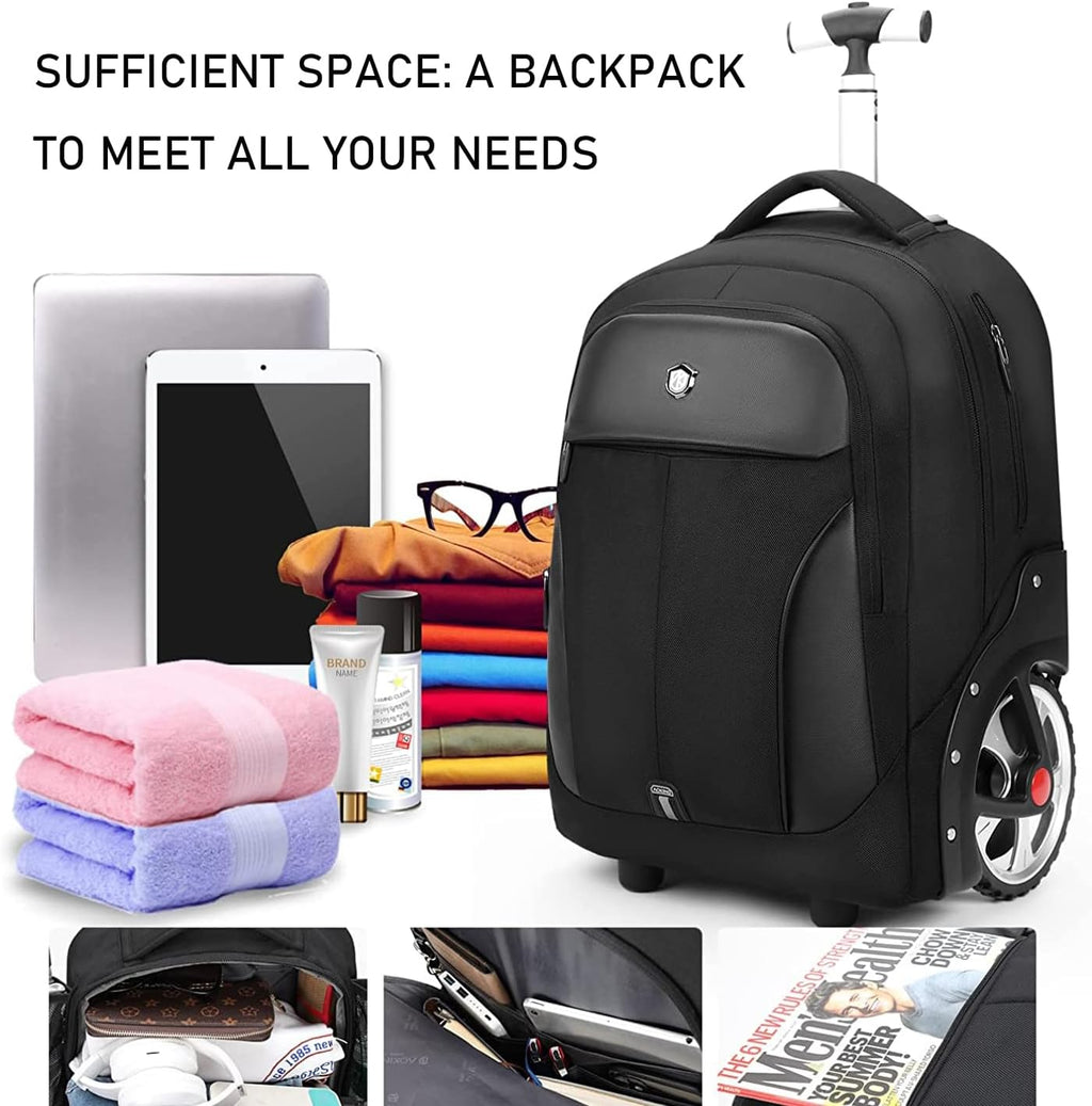 WMHYLYH 22 Inch Rolling Backpack, Waterproof Backpack with Wheels for Business and Travel Commuter, Carry on Laptop Backpack for Women and Men Adult (black)